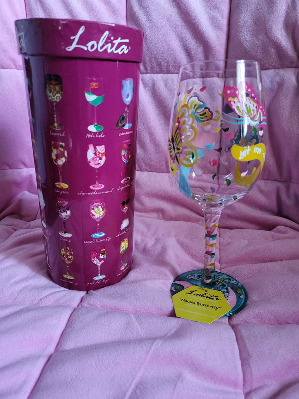 Lolita Social Butterfly Hand-Painted 15 Oz Wine Glass New with Box